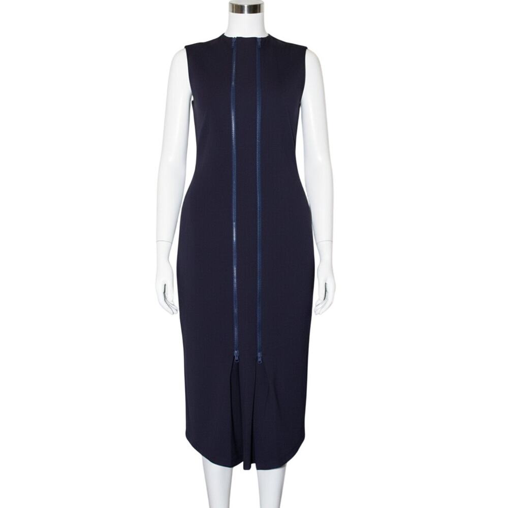 Poppyseed Dress XS Blue Sleeveless Zip Front Slit Midi Fitted Made USA Bodycon